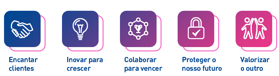 1 - ícone de aperto de mão: Encantar clientes. 2 - ícone de lâmpada: Inovar para crescer. 3 - ícone de troféu: Colaborar para vencer. 4 - ícone de cadeado: Proteger o nosso futuro. 5 - ícone de 2 pessoas comemorando: Valorizar o outro.
