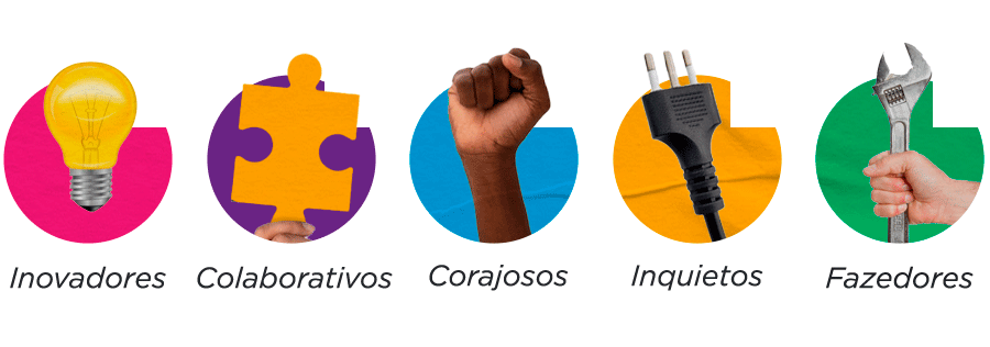 Nossos valores: Inovadores, colaborativos, corajosos, inquietos e fazedores.