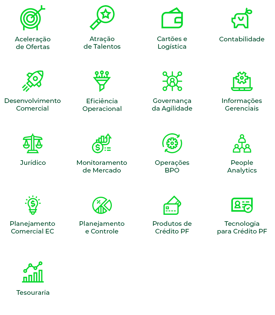 Aceleração de Ofertas. Atração de Talentos. Cartões e Logística. Contabilidade. Desenvolvimento Comercial. Eficiência Operacional. Governança da Agilidade. Informações Gerenciais. Jurídico. Monitoramento de Mercado. Operações BPO. People Analytics. Planejamento Comercial EC. Planejamento e Controle. Produtos de Crédito PF. Tecnologia para Crédito PF. Tesouraria. 