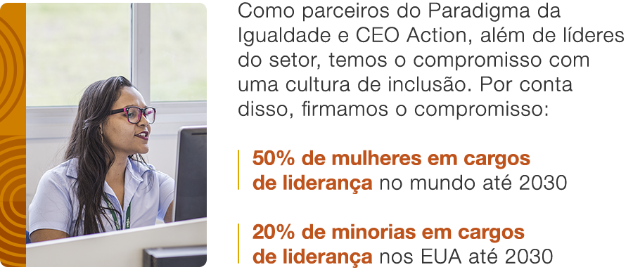 Como parceiros do Paradigma da Igualdade e CEO Action, além de líderes do setor, temos o compromisso com uma cultura de inclusão. Por conta disso, firmamos o compromisso: 50% de mulheres em cargos de liderança no mundo até 2030. 20% de minorias em cargos de liderança nos EUA até 2030