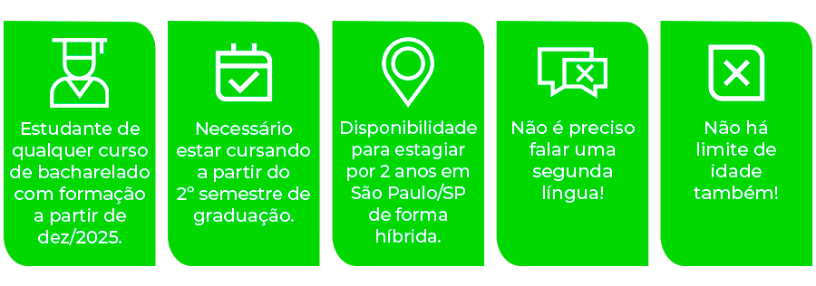 Estudante de qualquer curso de bacharelado com formação a partir de jul/2025. Necessário estar cursando a partir do 2º ano de graduação. Disponibilidade para estagiar por 2 anos em São Paulo/SP de forma híbrida. Não é preciso falar uma segunda língua! Não há limite de idade também! 