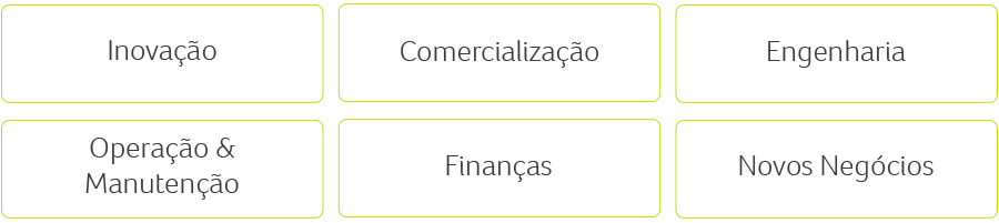 Inovação, Comercialização, Engenharia, Operação & Manutenção, Finanças e Novos Negócios