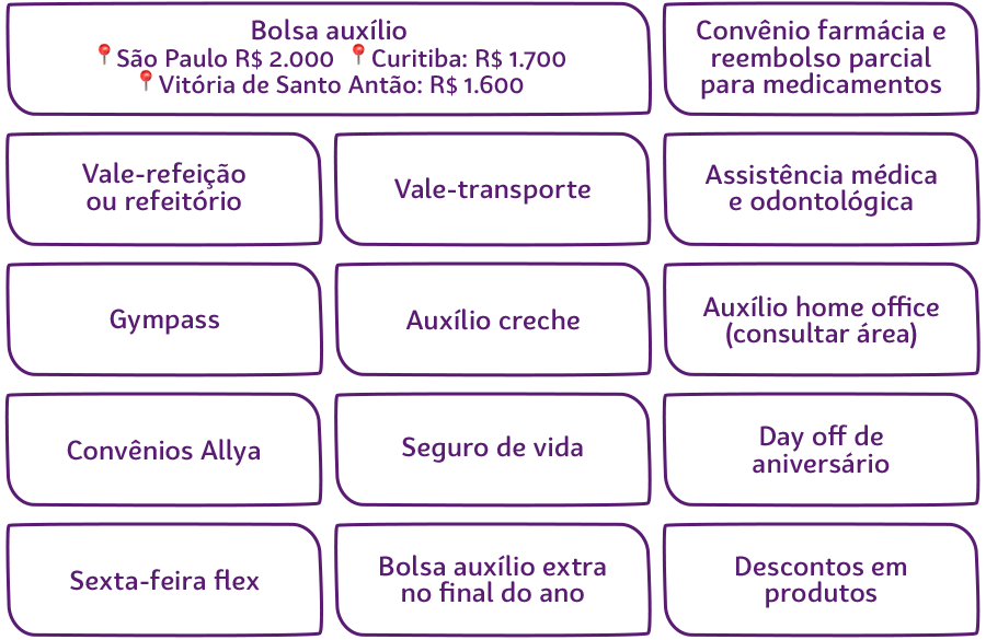 Bolsa auxílio, Assistência médica e odontológica, Convênio farmácia e reembolso parcial para medicamentos, Gympass, Vale-refeição  ou refeitório, Vale-transporte, Auxílio creche, Auxílio home office (consultar área), Convênios Allya, Seguro de vida, Day off de aniversário, Sexta-feira flex, Bolsa auxílio extra no final do ano e Descontos em produtos.