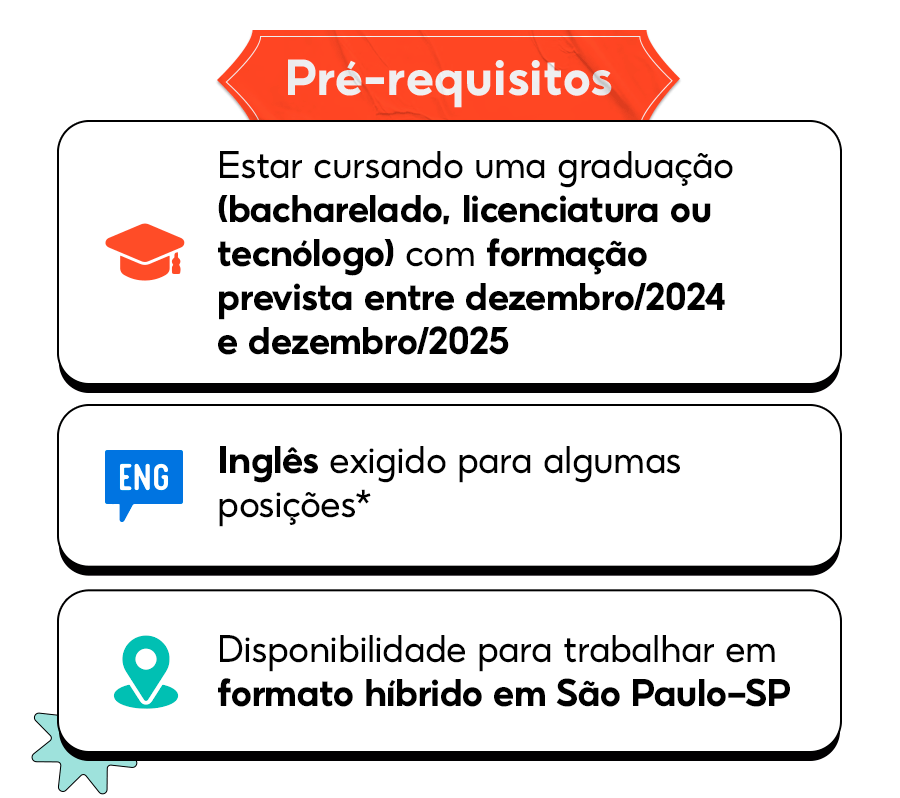 Pré-requisios. Estar cursando uma graduação com formação prevista entre dezembro/2024 e dezembro/2025. Inglês intermediário. Disponibilidade para trabalhar em formato híbrido em São Paulo-SP.