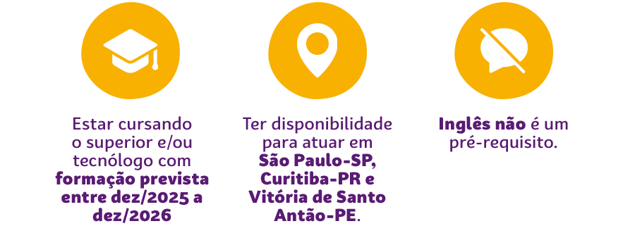 Estar cursando o superior ou tecnólogo com formação prevista entre julho/2025 a julho/2026;   Ter disponibilidade para atuar em São Paulo-SP, Curitiba-PR e Vitória de Santo Antão-PE. Inglês não é um pré-requisito.