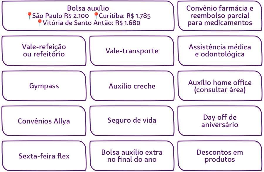 Bolsa auxílio, Assistência médica e odontológica, Convênio farmácia e reembolso parcial para medicamentos, Gympass, Vale-refeição  ou refeitório, Vale-transporte, Auxílio creche, Auxílio home office (consultar área), Convênios Allya, Seguro de vida, Day off de aniversário, Sexta-feira flex, Bolsa auxílio extra no final do ano e Descontos em produtos.