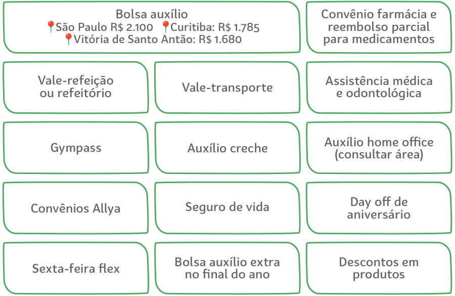 Bolsa auxílio, Assistência médica e odontológica, Convênio farmácia e reembolso parcial para medicamentos, Gympass, Vale-refeição ou refeitório, Vale-transporte, Auxílio creche, Auxílio home office (consultar área), Convênios Allya, Seguro de vida, Day off de aniversário, Sexta-feira flex, Bolsa auxílio extra no final do ano e Descontos em produtos.