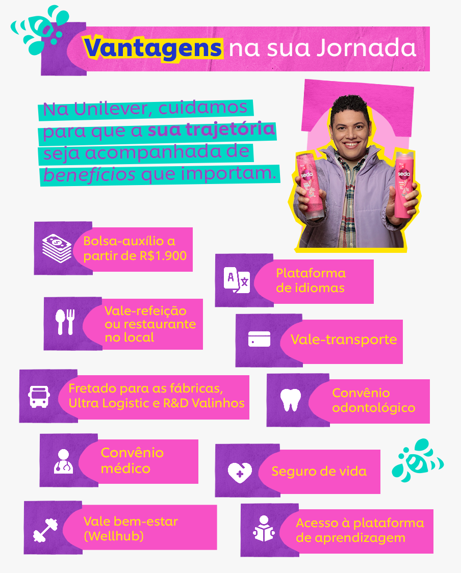 Imagem de um jovem rapaz branco, segurando na sua mão direita uma embalagem rosa do condicionador Seda e na mão esquerda uma embalagem rosa do Shampoo Seda. No topo da imagem o seguinte título: 'Vantagens na sua Jornada'. Na lateral da imagem o seguinte texto: 'Na Unilever, cuidamos para que a sua trajetória seja acompanhada de benefícios que importam. Bolsa-auxílio a partir de R$1.900,00 , Plataforma de idiomas, vale-refeição o urestaurante no local, vale-transporte, fretado para as fábricas Ultra Logistic e R&D Valinhos, convênio odontológico, convênio médico, seguro de vida, vale bem-estar (wellhub), acesso à plataforma de aprendizagem.